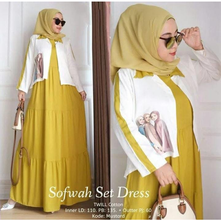 GAMIS SET OUTHER SOFWAH SET BAHAN KATUN RAYON APLIKASI SABLON DAPAT INNER DAN OUTER LD 110 CM P.INNER 135 CM P.OUTER 60 CM P.TANGAN 55 CM SETELAN WANITA TERBARU 2023 KEKINIAN / ONE SET BAJU MUSLIM MODERN / SETELAN GAMIS TERBARU WARNA