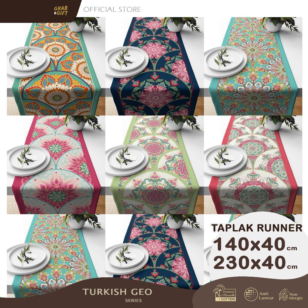 Taplak Meja / Table Runner Print Motif Turkish Geo 140x40 dan 230x40 cm Grabandgift