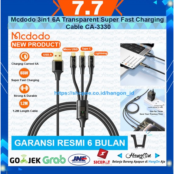 Mcdodo CA-333 Kabel 3in1 6A Type C Micro USB Lightning 3 in 1 Ca-3330 1.2m Transparent Super Fast Charging 65W