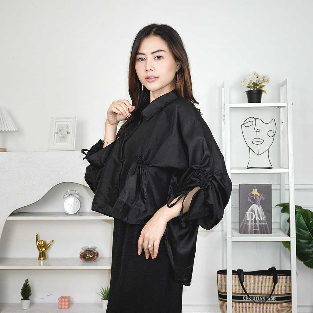 Blouse Wanita Katun Poly Lengan Panjang Kerut Saku Bw09pa