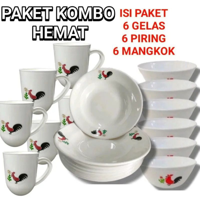 Paket kombo 6 gelas + 6 piring  + 6 mangkok berat 1 kg