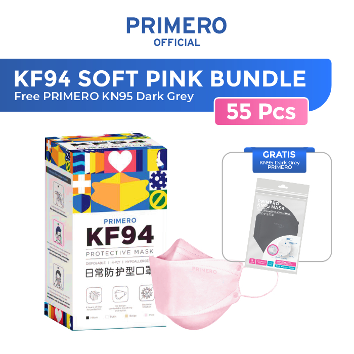 Primero Masker KF94 4Ply Hitam / Soft Pink - 1 box isi 50pcs Free KN95