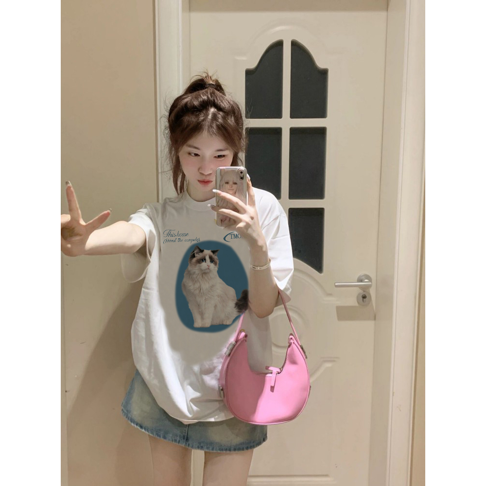 EUNII T-shirt Lengan Pendek Cartoon Biru Cat Korean Style/Kaos Atasan Wanita/Baju Kaus Oversize Wanita/Kaos Wanita