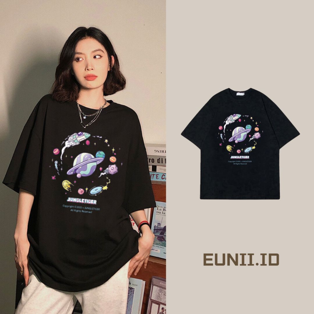 EUNII T-shirt Lengan Pendek Cartoon Planet Korean Style/Kaos Atasan Wanita/Baju Kaus Oversize Wanita/Kaos Wanita