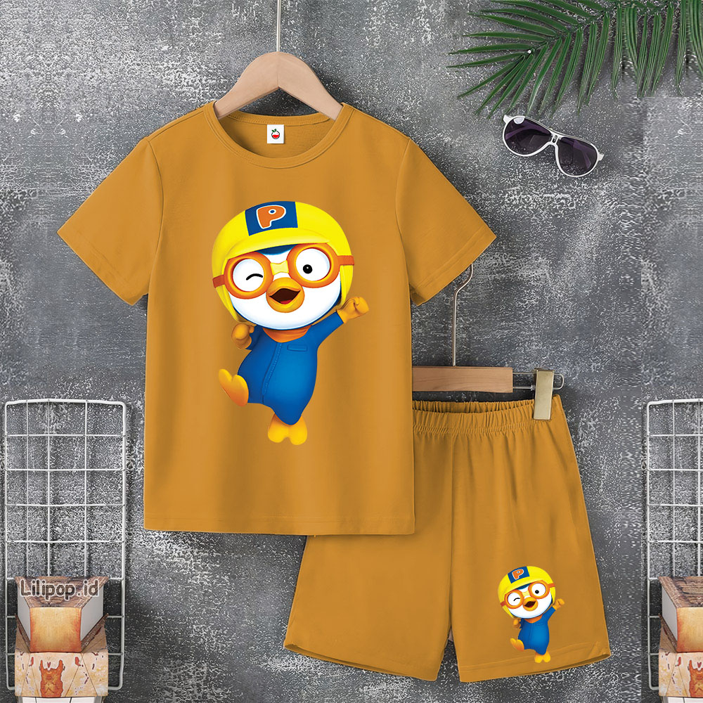 Baju Anak Stelan Usia 5-10 Tahun pororo petty Kaos 3/4 Cowok Cewek  Celana Pendek Harian