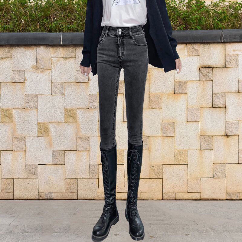 YGJeans 024-30 hitam Abu Celana panjang Highwaist wanita Jeans import premium Jeans wanita polos rip