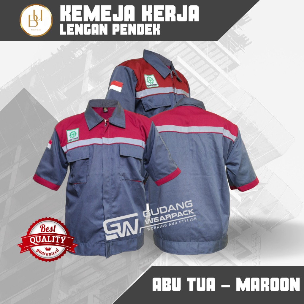 Bagus Uniform - Pakaian Kerja Seragam Proyek Lengan Pendek Warna Abu Tua - Maroon