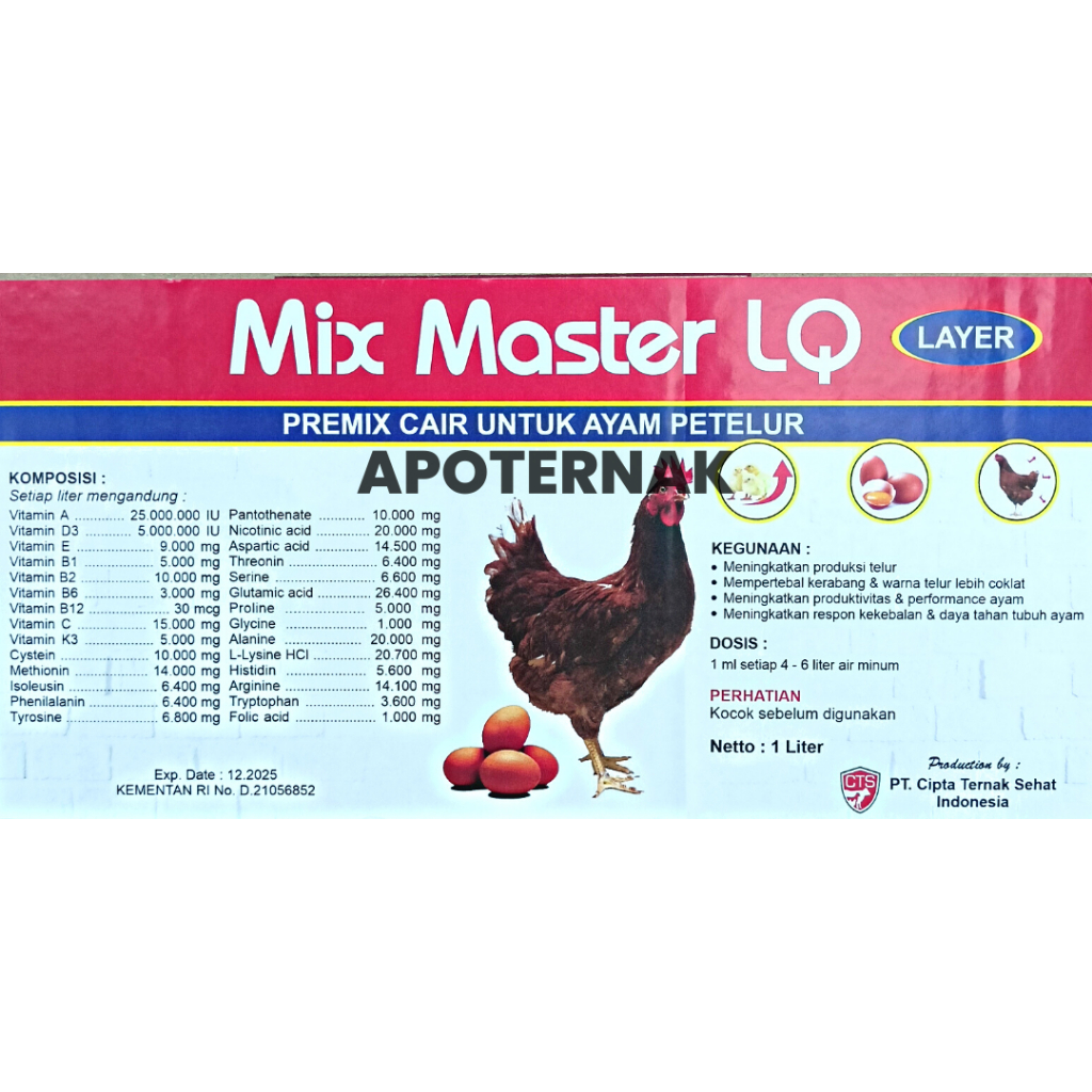 MIX MASTER LQ LAYER | Premix Pemacu Produksi Ayam Petelur Layer | Premix Cair 1 Liter