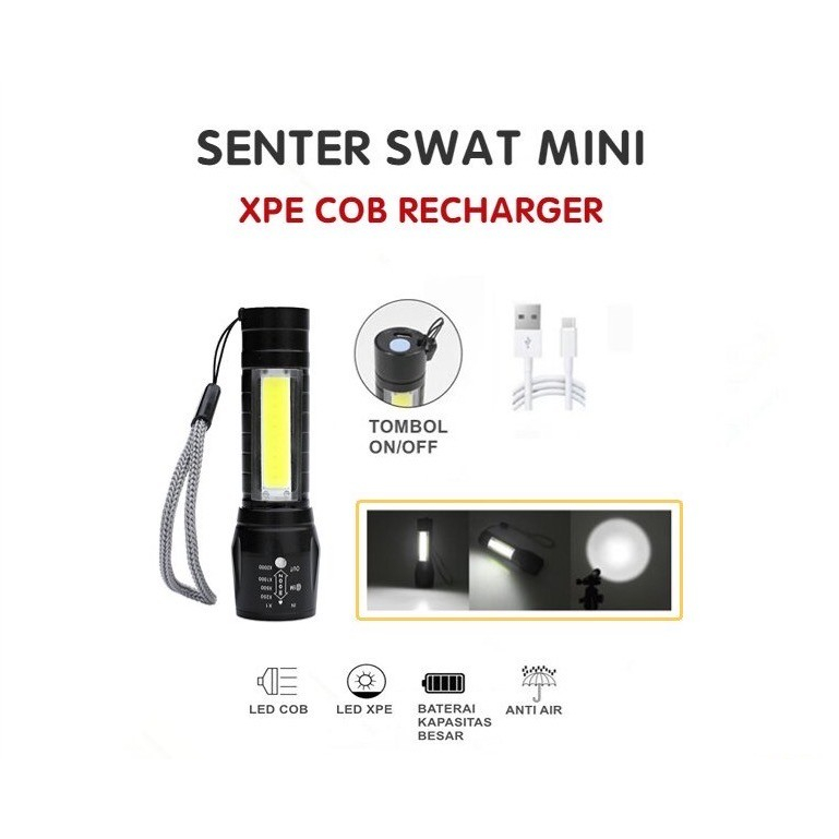 Senter XPE + Lenter Cas LED COB ~ USB Charge Charger ~ 3 Modes Mini Chargeable Flashlight