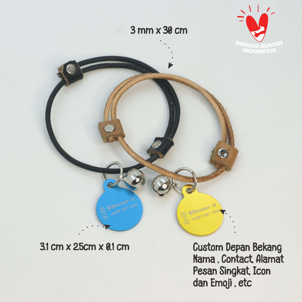 KALUNG KUCING NAMA CUSTOM MODEL TALI KULIT  ASLI PINTAL LIONTIN LOGAM PREMIUM
