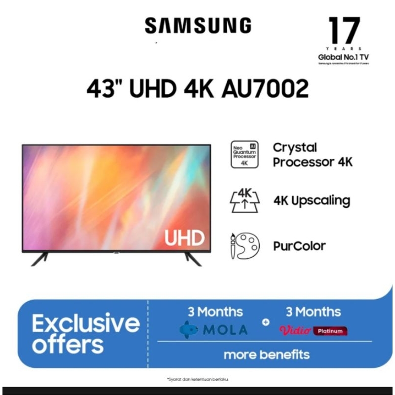 TV Samsung Smart TV 4K 43&quot; AU7002 Youtube Netflix Broser Wifi Garansi Resmi