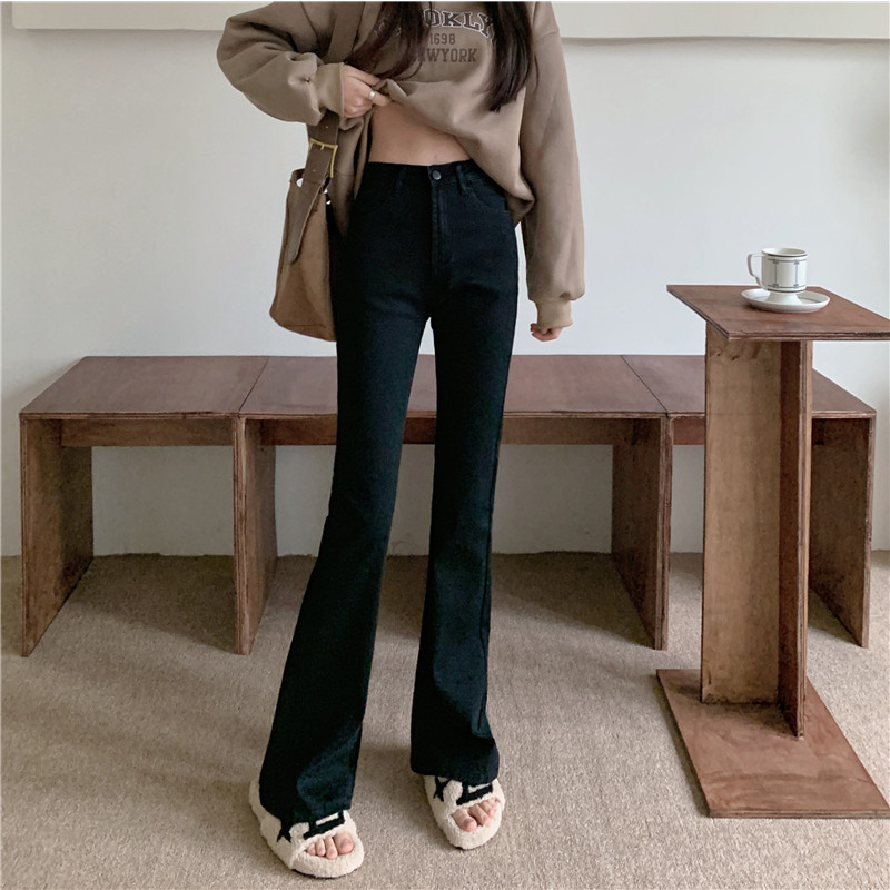 high-waist hamparan luas leg denim kasual berkobar celana wanita Korea