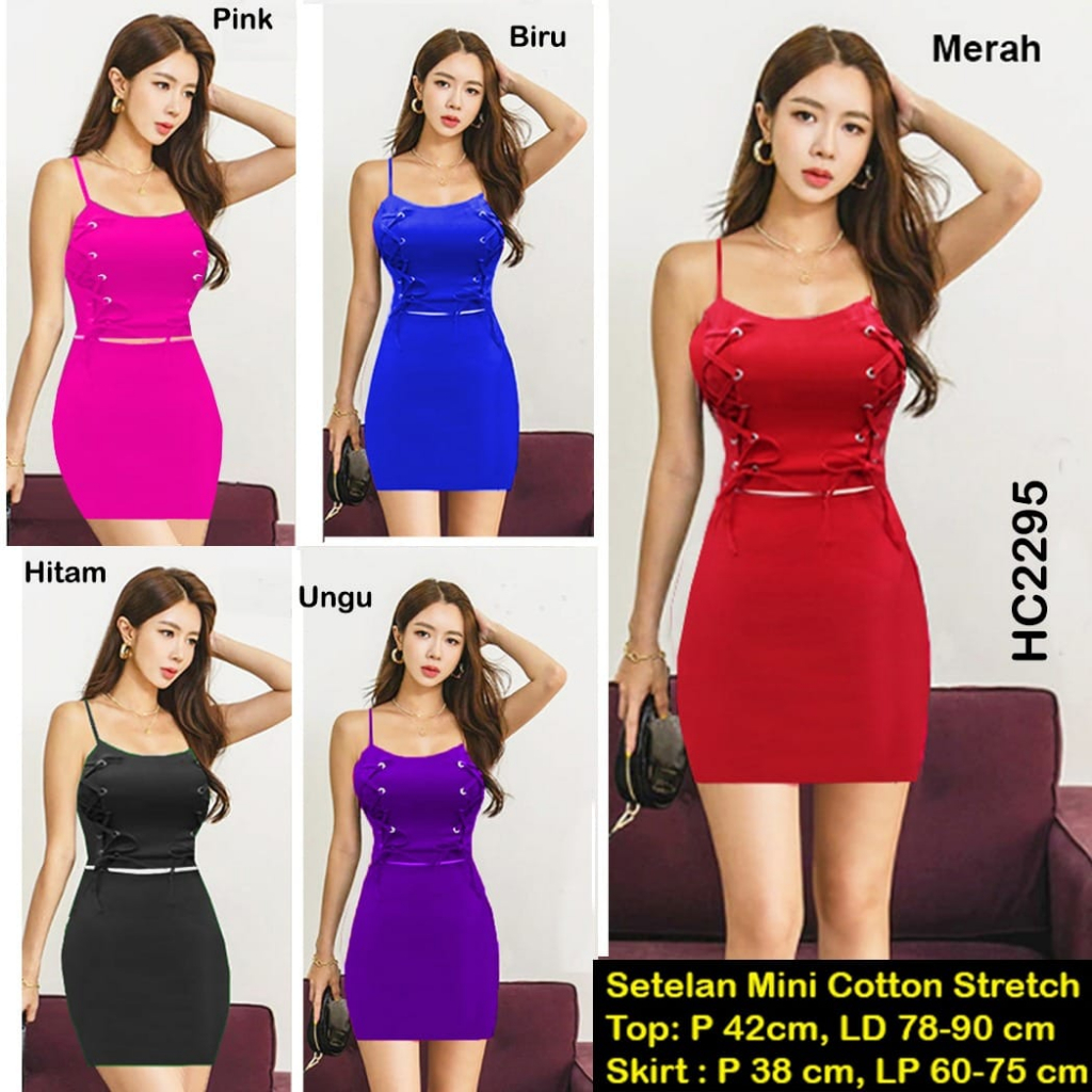 HC2295 Setelan Mini Dress Cotton Stretch  / Setelan Tali Depan + Cup Bra Motif Polos Bodycon Tanpa Lengan Sexy / Setelan Rok Mini / Setelan Wanita / Dress Mini / Minidress