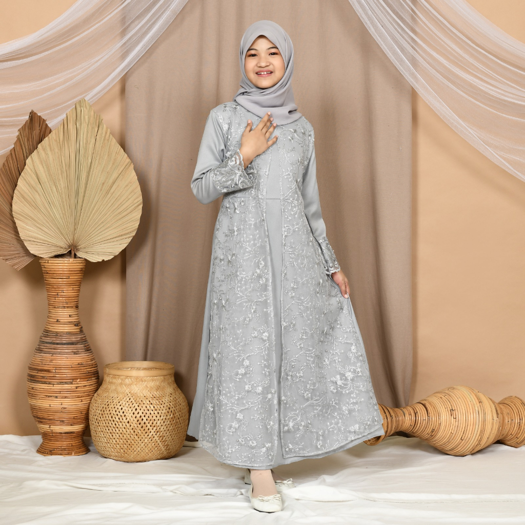 (PASTI REALPICT) GAMIS HANI ANAK MAXI 9-14th DRESS MUSLIM REMAJA BRUKAT TILE BORDIR LEBARAN IDUL FITRI