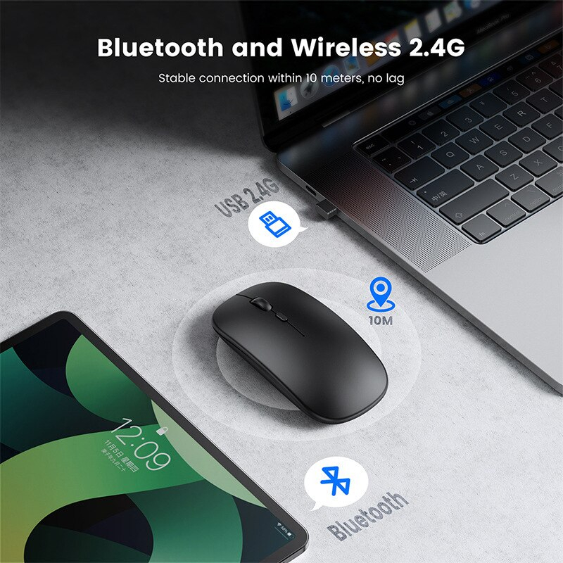 Mouse Bluetooth Blutut Wireless Silent Click Rechargeable Laptop Komputer Pc