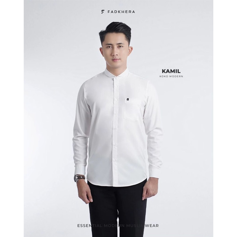 Koko Modern Fadkhera KAMIL Warna Putih Bahan Katun | Lengan Panjang
