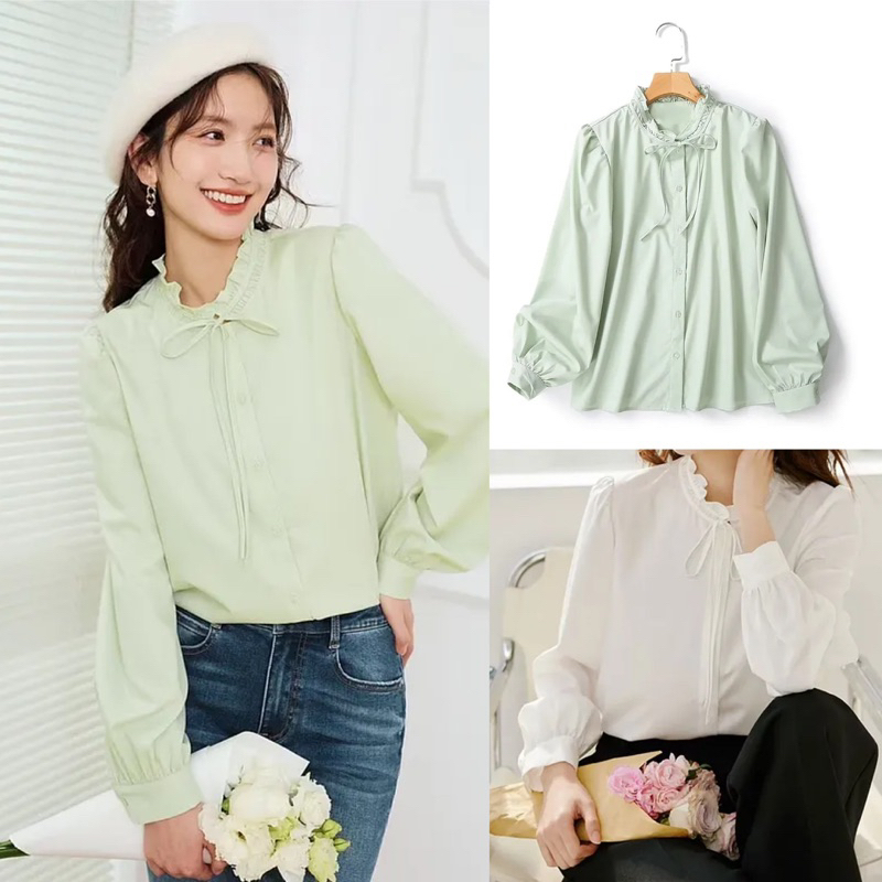 Blus korea lengan panjang SHJT2062240J771 baju hijau baju putih