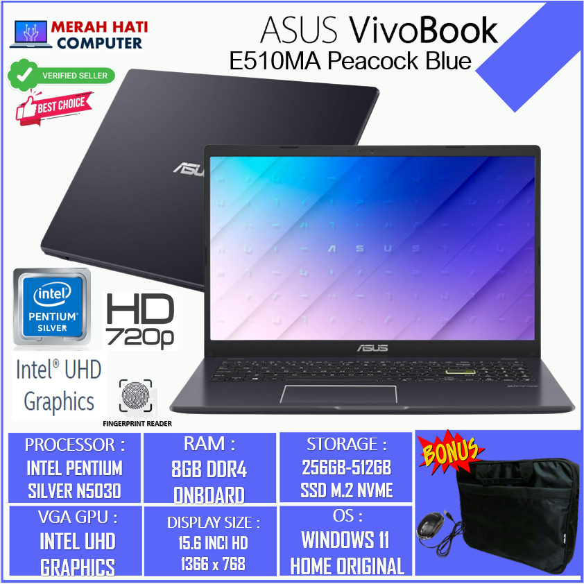 LAPTOP SLIM TERMURAH ASUS VIVOBOOK E510MA INTEL PENTIUM SILVER N5030 8GB 512GB 15.6 FINGERPRINT WIN11HOME PEACOCK BLUE ORIGINAL TERLARIS