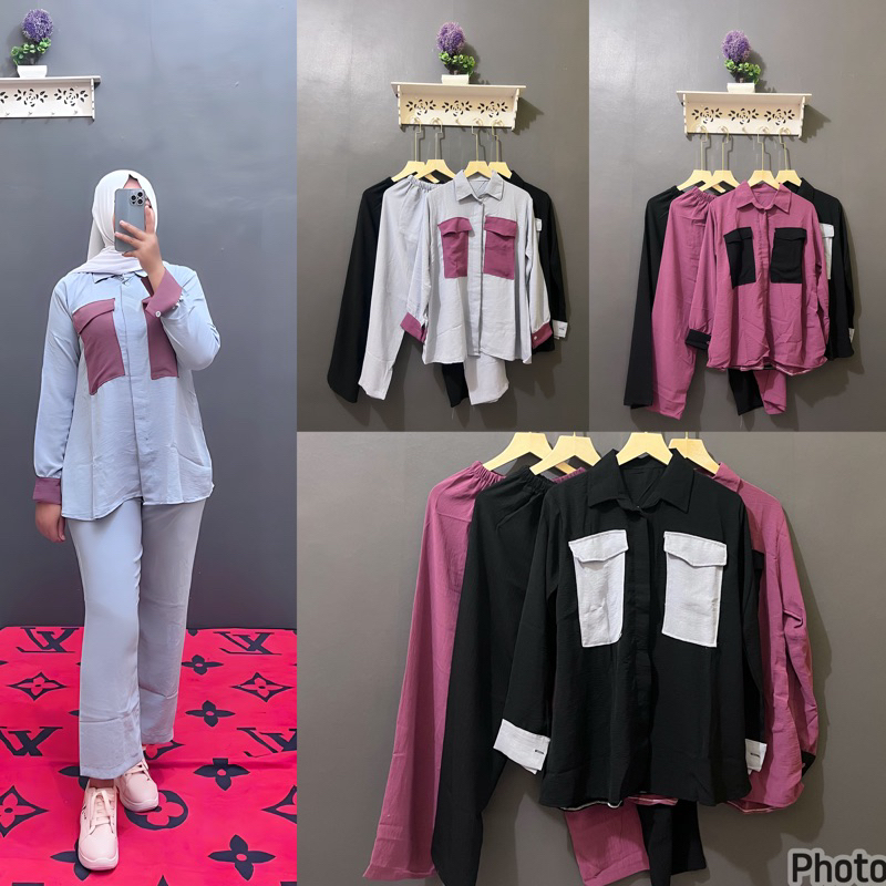 Oneset crinkle pocket | setelan celana | one set kemeja crinkle | setcel | kemeja | setelan kemeja