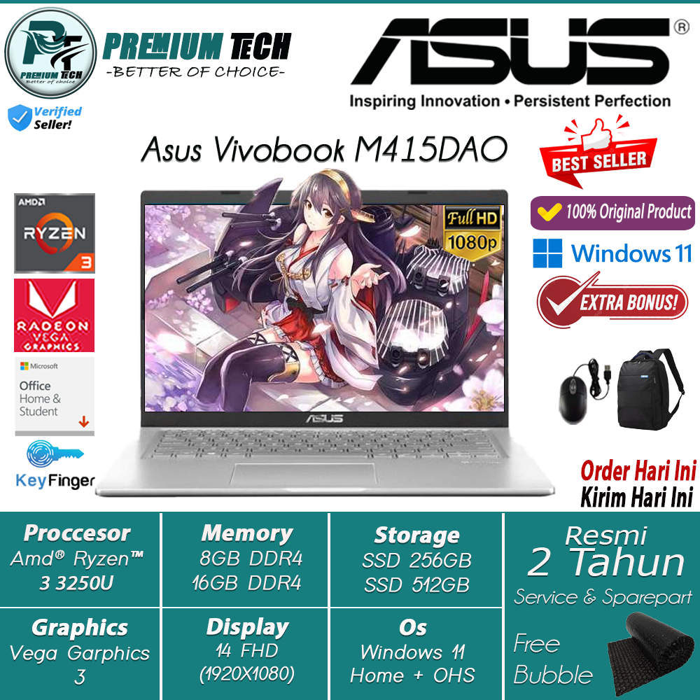 Laptop Gaming Asus Vivobook M415DAO Amd Ryzen 3 3250U 16GB 512GB SSD 14.0 FHD Windows 11 OHS Terlaris