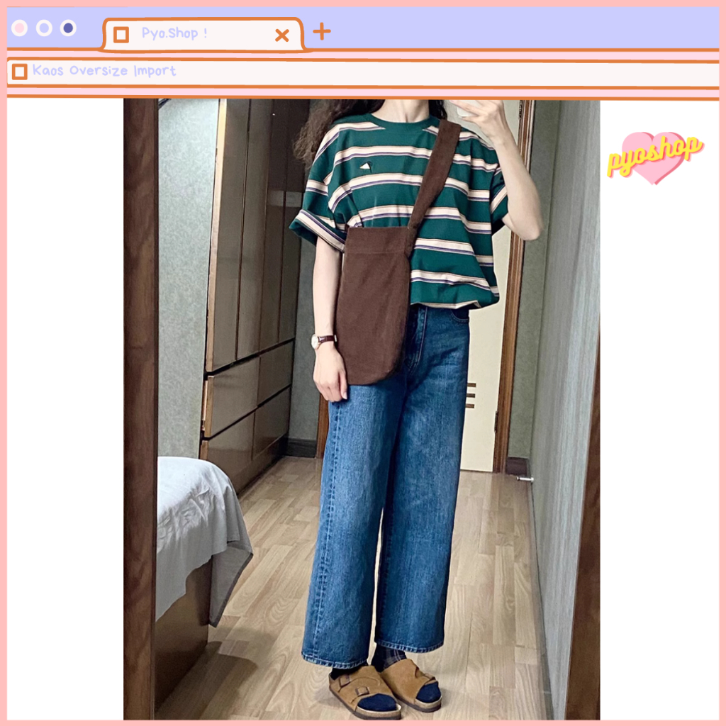 Kaos Garis-Garis Import Oversized Wanita Bordir