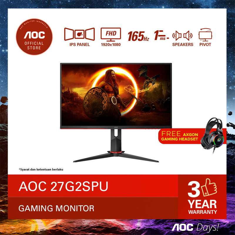 AOC 27G2SPU Adaptive Sync Gaming Monitor (27&quot;/1ms/IPS/165hz/FHD) 1 barang berhasil terjual