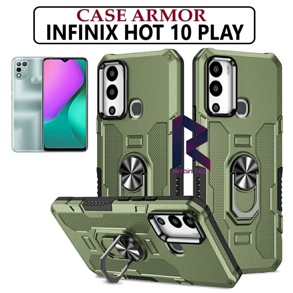 Case Armor INFINIX HOT 10 PLAY Iring Cincin Magnetic Kesing Hp Protect kamera Premium Hard Case Standing Robot Pelindung Kamera