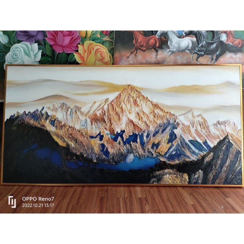 Pajangan Dinding ruang tamu lukisan abstrak vintage gunung besar Plus frame