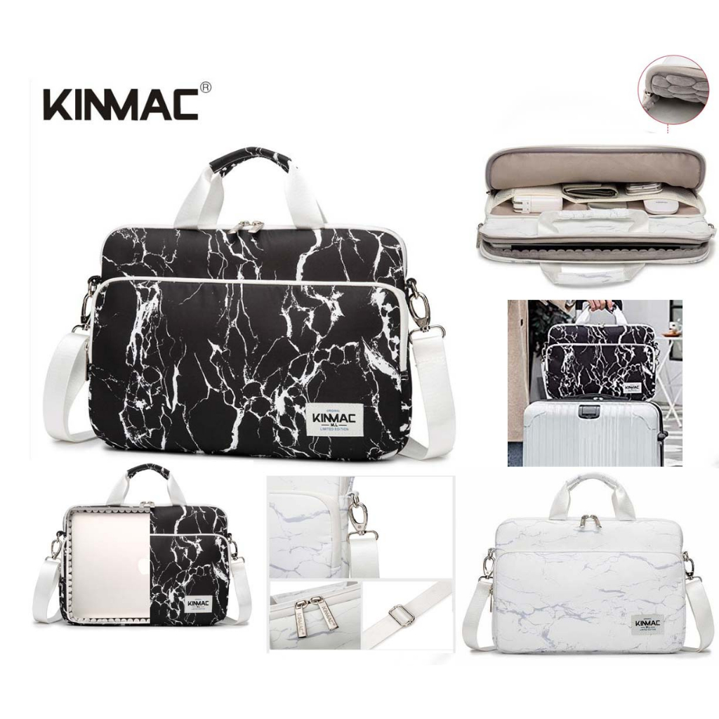 Tas Laptop Macbook KINMAC Longstrap white &amp; Black marBle 13 14 15 16 inch