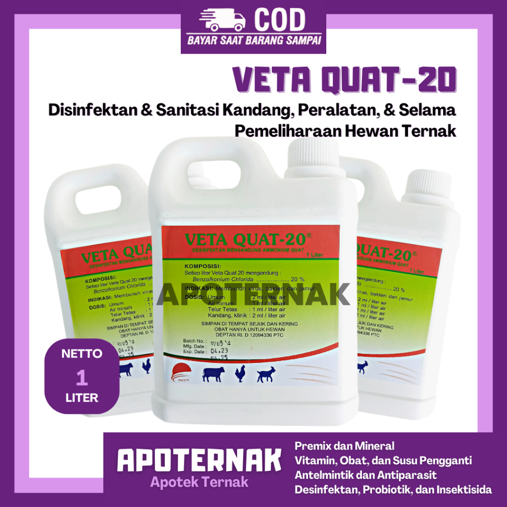 DESINFEKTAN VETA QUAT 20 | 1 Liter | Disinfektan Sanitasi Kandang dan Peralatan Ternak Hewan | Veta Quat 20%