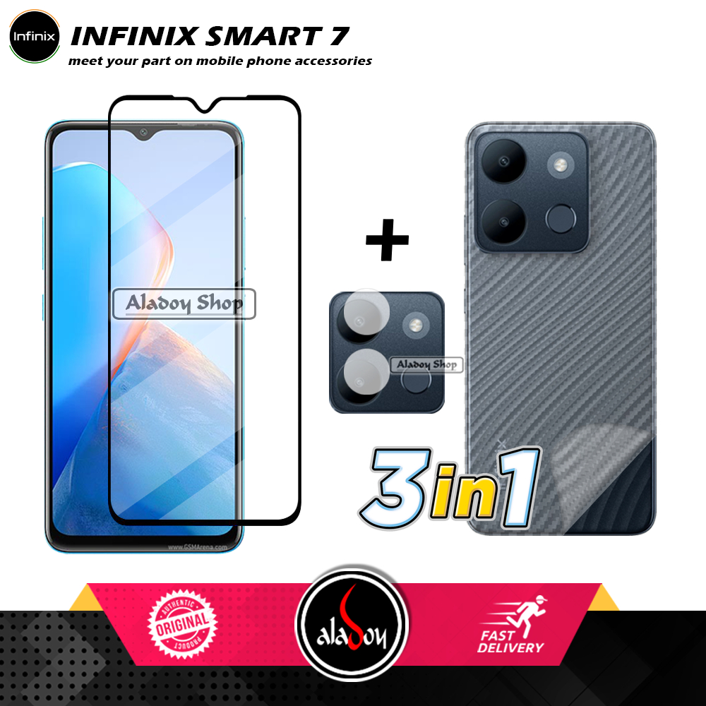 PAKET 3 IN 1 Tempered Glass Layar Infinix Smart 7 Free Tempered Glass Camera dan Skin Carbon