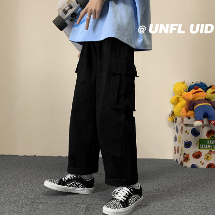 Celana cargo panjang pria Big Size Cargo Pants Pria Celana Cargo Korea Style Hitam Loose Pants Celana Karet Celana Kargo Panjang Pria