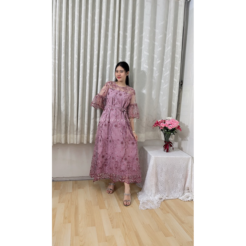 Ken-230 Long Dress Wanita Untuk Kondangan Pesta  Wisuda Full Tulle Bordir Premium Free Ikat Pinggang