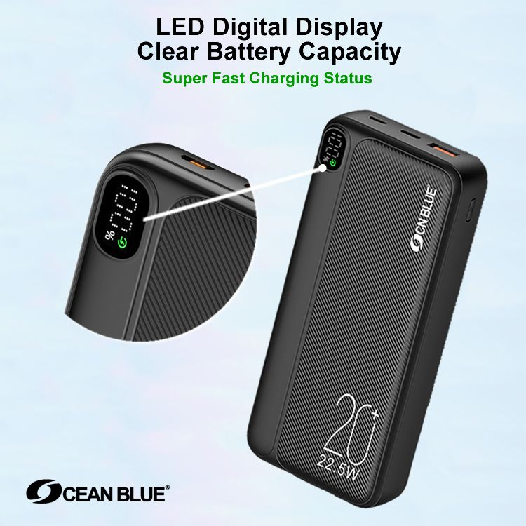 Ocean Blue OCN A158 Power Bank 20000mAh USB C Built in 22.5W PD QC 3.0 Super Fast Charging