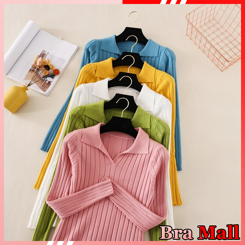 【 Bra Mall 】BJ-033 Atasan Wanita Berkerah Rajut Import | Kaos Rajut Lengan Panjang Kerah | Baju Rajut Wanita Lengan Panjang Berkerah