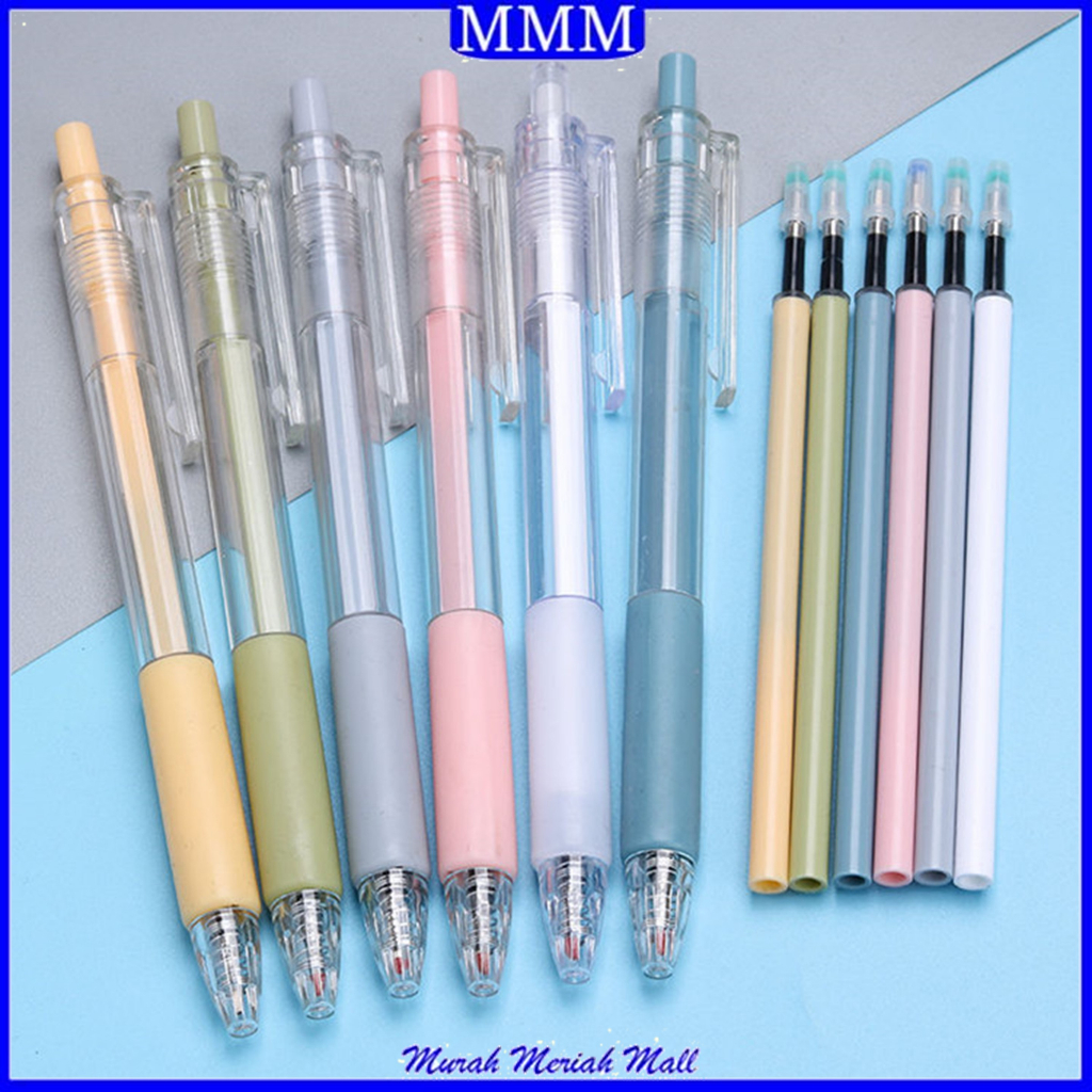 MMM Pulpen Cetekan Transparant Warna Warni Pena Gel 0.5mm Tinta Hitam Alat Tulis Sekolah Kantor Pen Polos Bolpoint Polos Murah Import