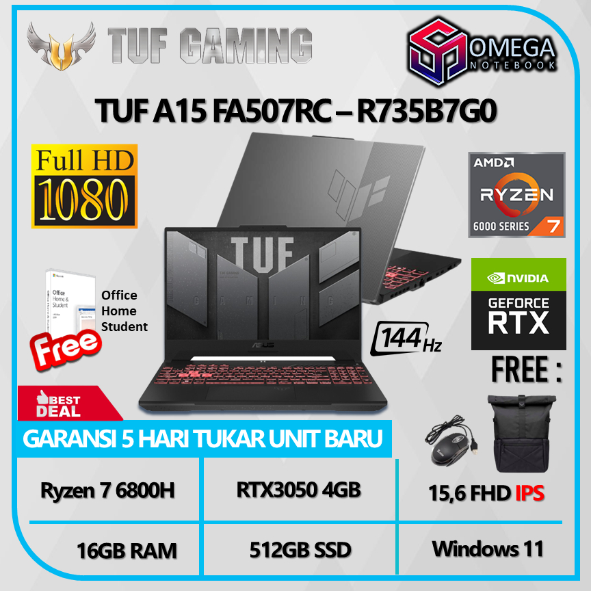 ASUS TUF GAMING A15 FA507RC R735B7G0 Ryzen 7 6800H 16GB 512GB RTX3050 4GB 15,6FHD Windows 11