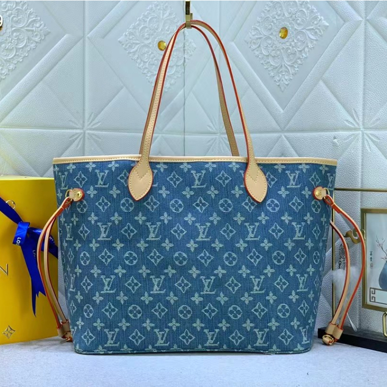 100% genuine Louis Vuitton Neverfull shopping bag, 2023 new LV new canvas denim blue handbag