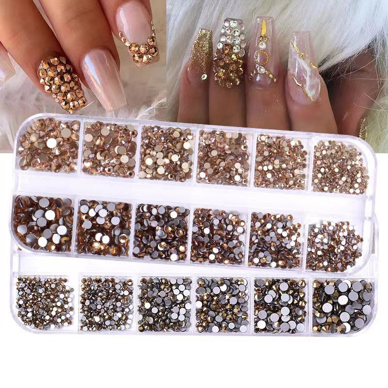 12 Sekat Rhinestone Bronze Mix Size Premium / Dekorasi Nail Art Batu Permata Bronze Best Seller