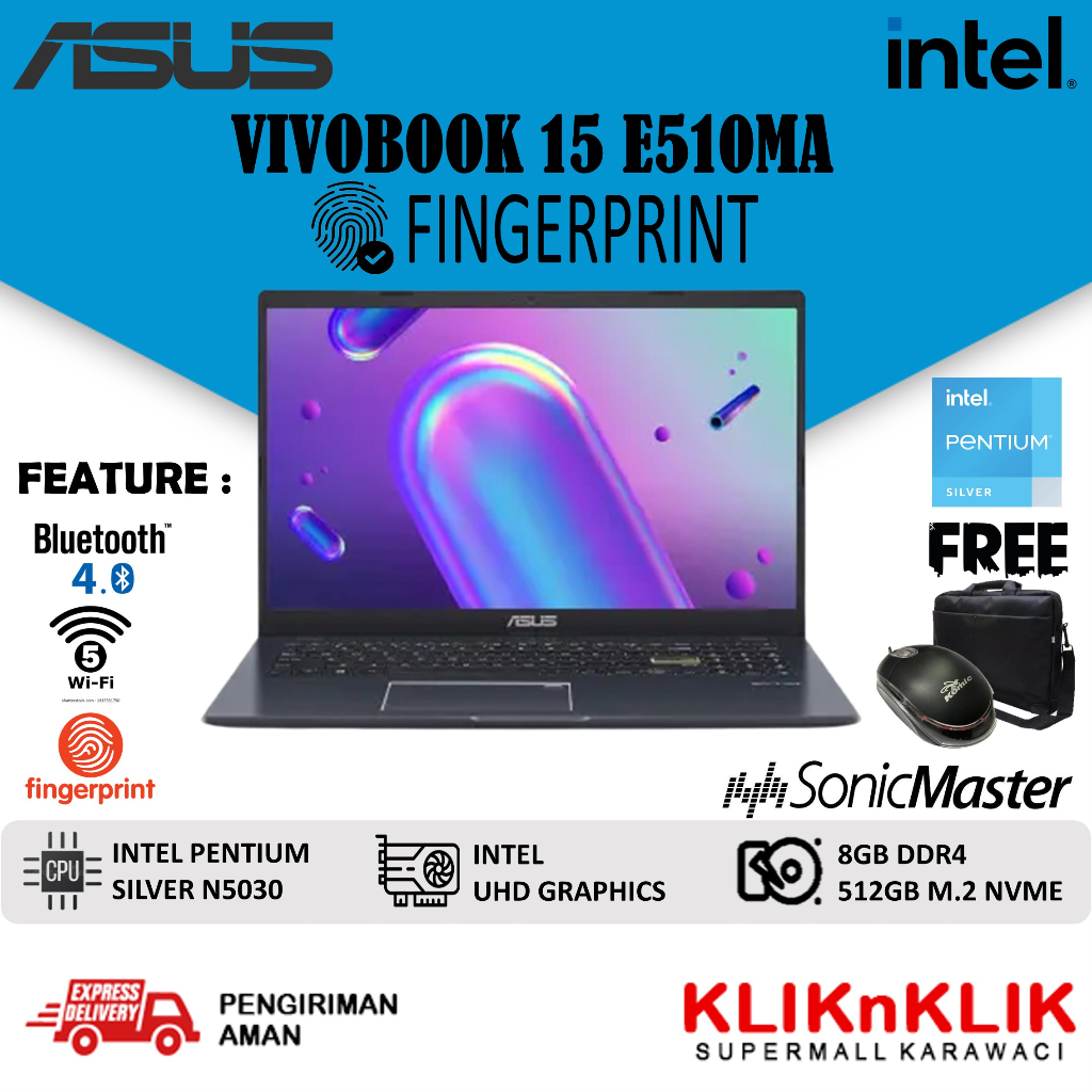 Asus VivoBook E510MA Intel Pentium N5030 Ram 8GB 512SSD Win11 FingerPrint