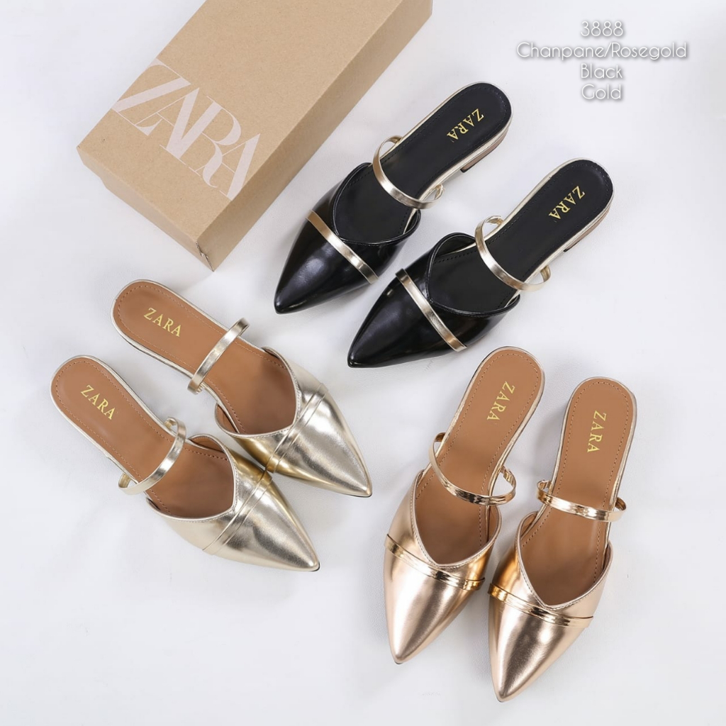 Sandal wanita mules lancip kulit glossy import kode 3888
