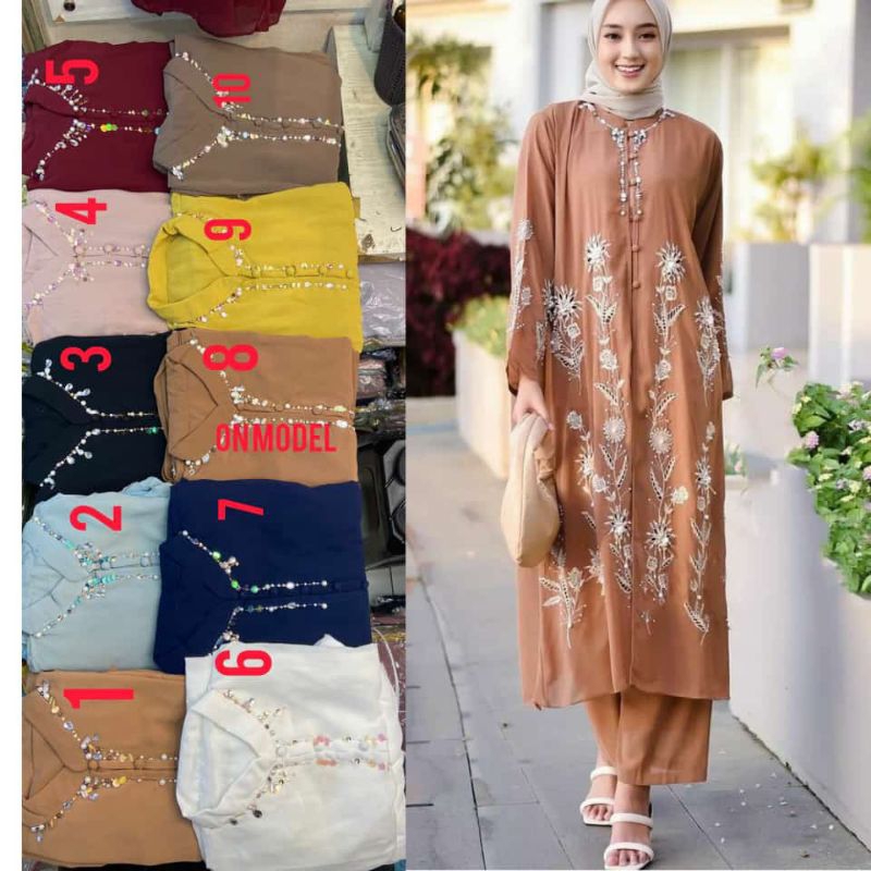 Setelan Tunik Magdalena Bordir/Setelan Celana Ceruty/Fit to XL/Onset Mewah/Fashion Muslimah/Viral/Tr