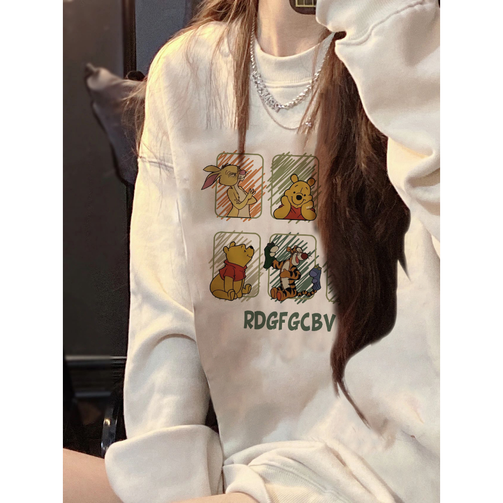 EUNII Sweater Lengan Panjang Cartoon Winnie The Pooh Printing Korean Style/Sweater Crop/Baju Wanita/Switer Wanita/Switer