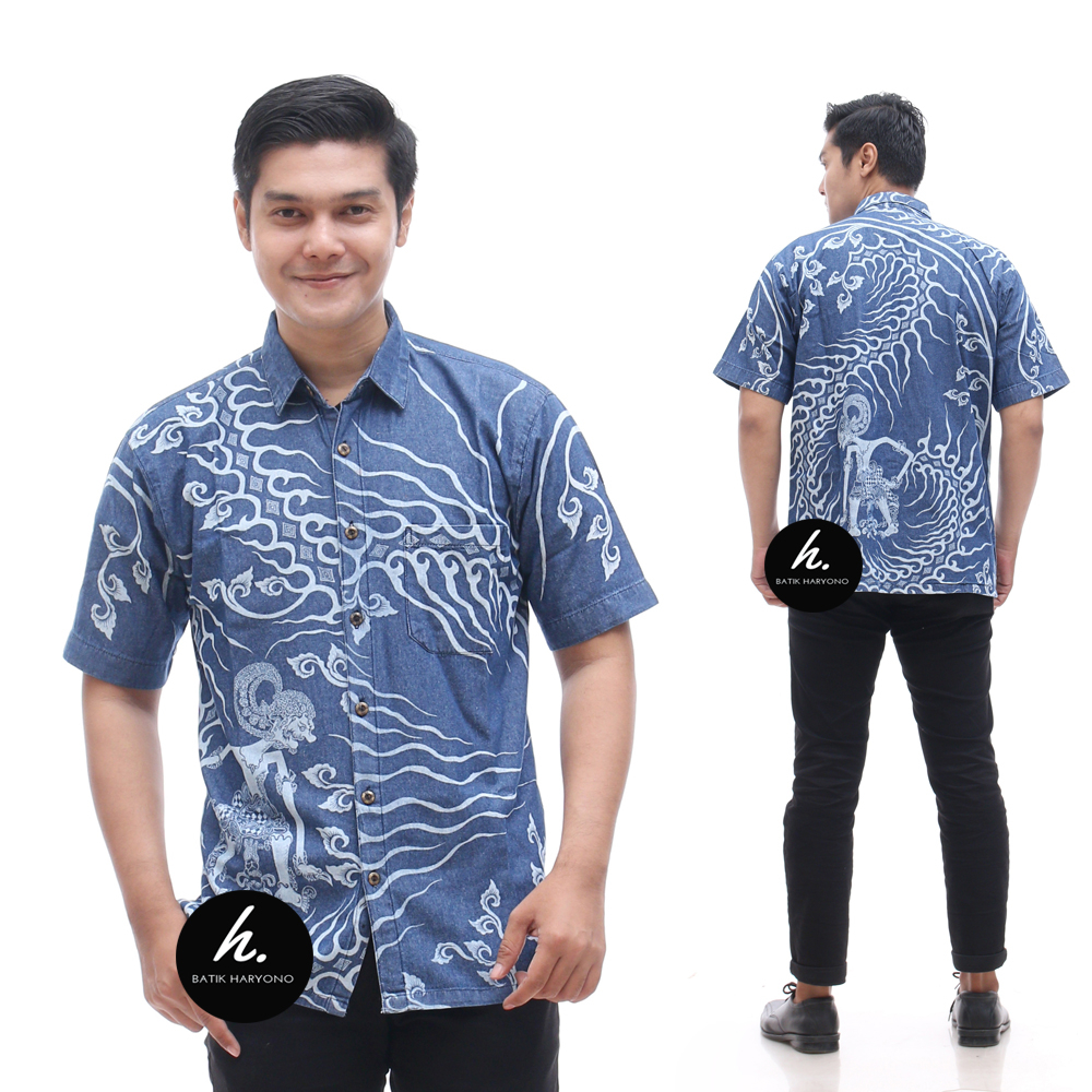 Baju Kemeja Jeans Pria Dewasa Slimfit Lengan Pendek Distro Motif Batik Keren Premium