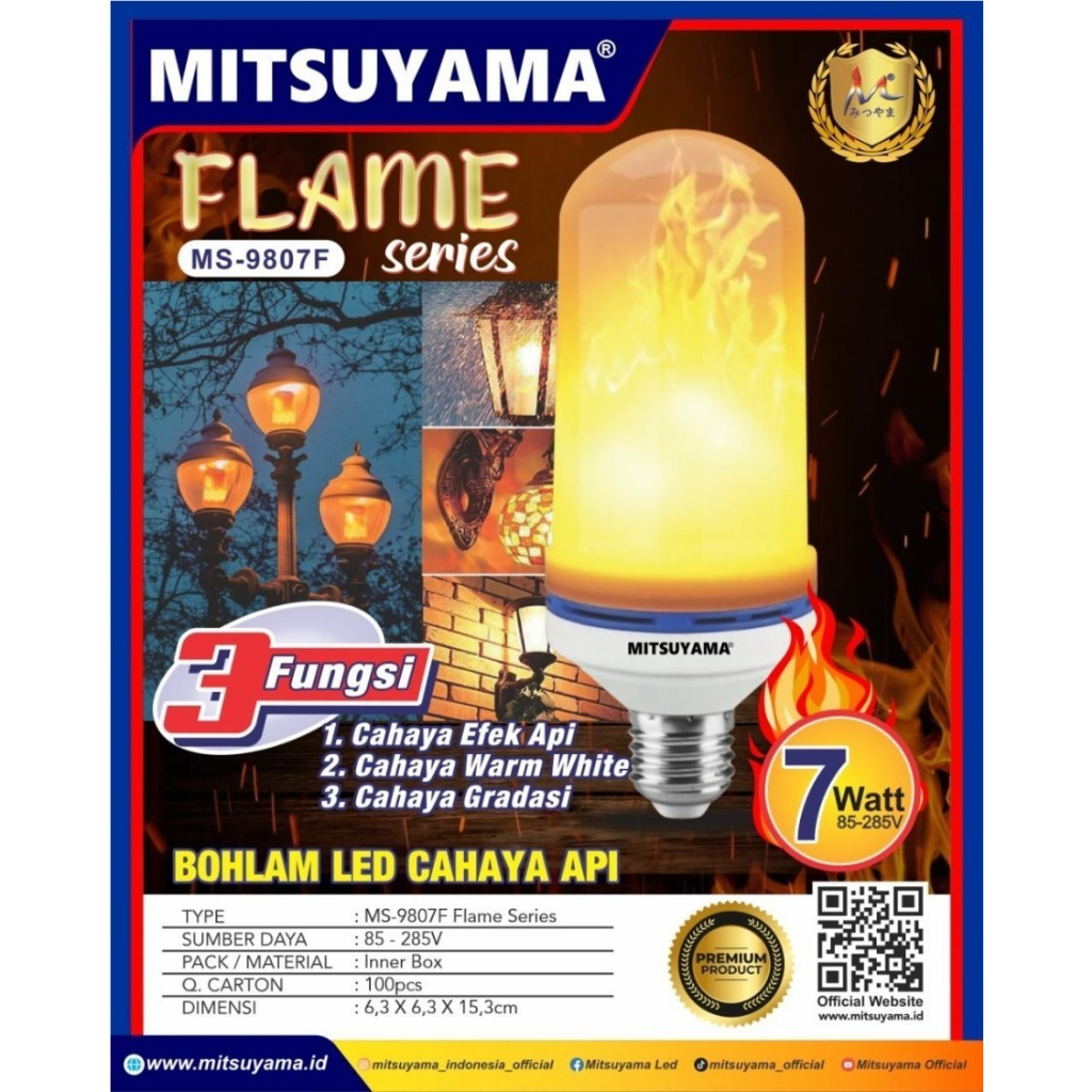 Bohlam lampu led mitsuyama MS-9807F flame seris bohlam api 7 watt