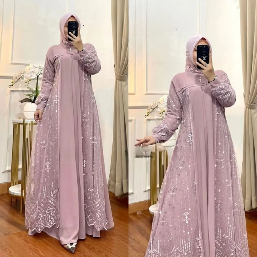 GAMIS VINELLA DRESS S M L XL XXL LD 115CM Bahan Ceruti Babydoll Full Furing Mix Brokat Gamis Jumbo D