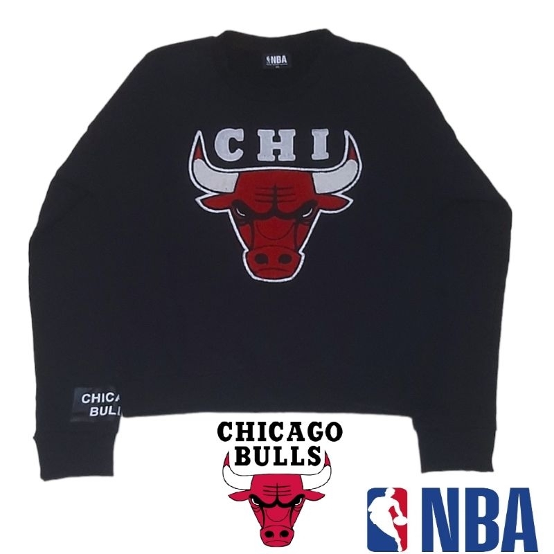 Crewneck Chicago Bulls NBA Semi Crop Bordir Towel Hitam Second