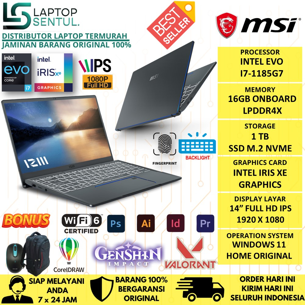 Laptop MSI Prestige 14 EVO Intel Evo i7 1185G7 RAM 16GB SSD 1TB Iris Xe FHD IPS Windows 11 Original Termurah