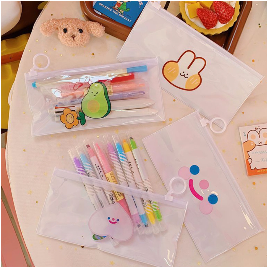 【GOGOMART】Kotak Pensil Tempat Pulpen Zipper Transparan / Dompet Uang Tempat Kosmetik Pouch Make Up Plastik Waterproof