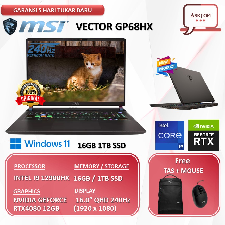 Laptop Gaming MSI Vector GP68HX RTX4080 12GB I9 12900HX 16GB 1TBSSD W11 16.0 QHD+ 240HZ 100DCIP3 PKRGB TGP195 12VH.044